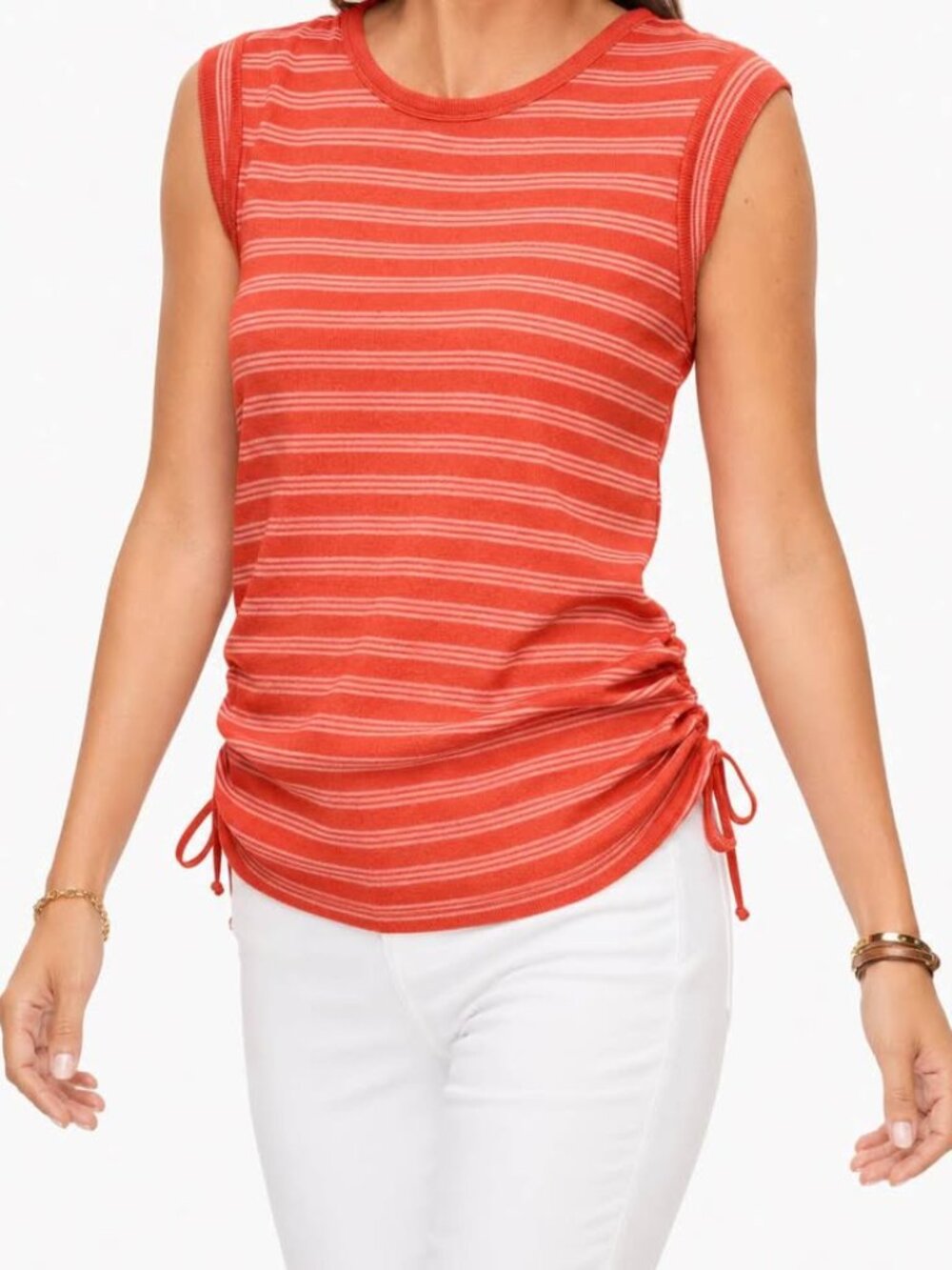 Talbots Orange Darcy Stripe Cap Sleeve Side Ties Cotton Crew Neck Top [size M]